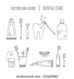 Set of perfect dental care symbols . Dental tools, floss, braces, teeth, mouth etc. 
