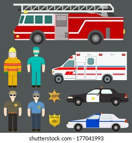 Set Of Perfect Detailed Cars - Police, Ambulance, Sheriff, Firetruck. Vector File Organized In Groups For Easy Editing.