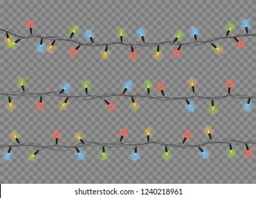 Set perfect garlands yellow, green, blue, and red color. Christmas lights isolated on transparent background. Set of xmas glowing garland - stock vector.