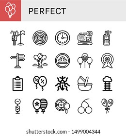 Set of perfect icons such as Balloons, Goals, Dart, Circular clock, Svg, Walkie talkie, Signpost, Libra, Balloon, Target, Weevil, Moses basket, Goal, Cherry , perfect svg