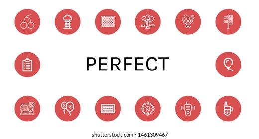 Set of perfect icons such as Cherry, Goal, Balloons, Balloon, Signpost, Svg, Target, Walkie talkie, Goals , perfect