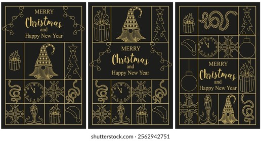 Set perfect Merry Christmas greeting card cover. Luxury line style 2025 Happy New Year brochure collection. Golden aesthetic invitation card banner cover theme. Geometric holiday vector backgrounds 