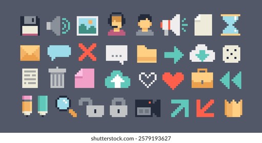 Set of perfect Pixel Аrt vector icons in retro 8-bit game style