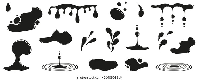 Set perfect Puddles with Splashing water Drops isolated transparent background. Drippid liquid vector graphic collection. Ideal oil and rain water Drops. EPS 10