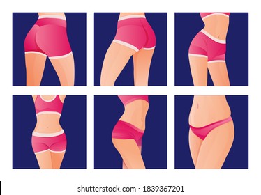 Conjunto de cuerpo joven de tonificación perfecta de la chica. mujer deportiva en ropa deportiva, icono de colilla corta para aplicaciones móviles, cuerpo delgado, ilustración vectorial.	