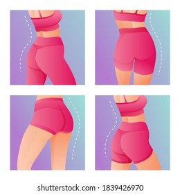 Set of Perfect slim toned young body of the girl. sporty woman in sportswear, shorts butt icon for mobile apps, slim body, vector illustration.	