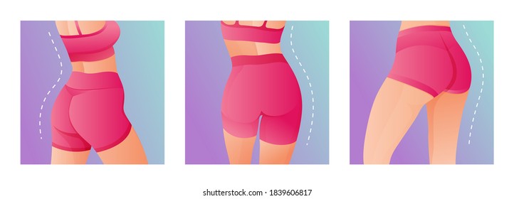 Set von Perfect schlanken jungen Körper des Mädchens. sportliche Frau in Sportbekleidung, kurze Hosen, Butt-Ikone für mobile Apps, schlanker Körper, Vektorgrafik.	