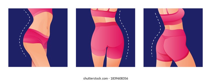 Set of Perfect slim toned young body of the girl. sporty woman in sportswear, shorts butt icon for mobile apps, slim body, vector illustration.	