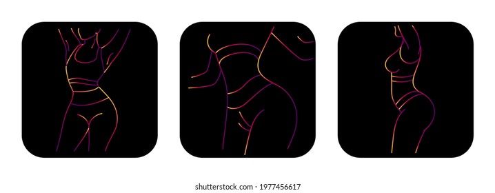 Set Of Perfect slim toned young body of the girl. sporty woman in sportswear, shorts butt icon for mobile apps, slim body, vector illustration.	