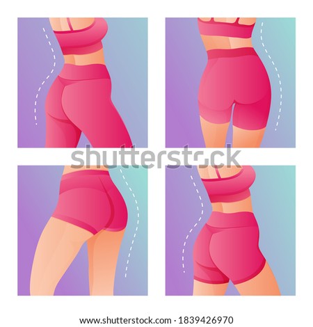 Set of Perfect slim toned young body of the girl. sporty woman in sportswear, shorts butt icon for mobile apps, slim body, vector illustration.	