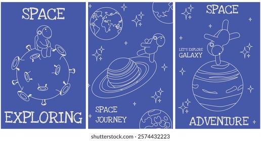 Set perfect Space Exploring poster cover template design. Space journey backgrounds collection. Astronaut on the moon planet. Vector illustration for cosmic theme cover. EPS 10