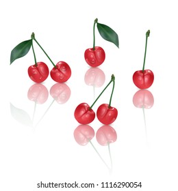 Set of perfect sweet cherries isolated on white background. Vector illustration