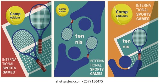 Set Perfect Tennis and international competition sport games. Abstract vector illustration Tennis racket ball court for poster cover background flyer print. EPS 10