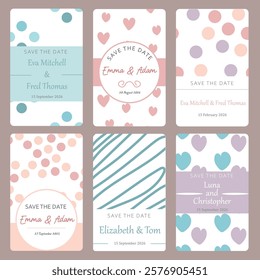 Set of perfect vector card templates. Ideal for Save The Date, baby shower, mothers day, valentines day, birthday cards, invitations. Pastel colors.