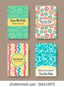 Set of perfect vector card templates with retro pattern background. Ideal for Save The Date, baby shower, mothers day, valentines day, birthday cards, invitations.