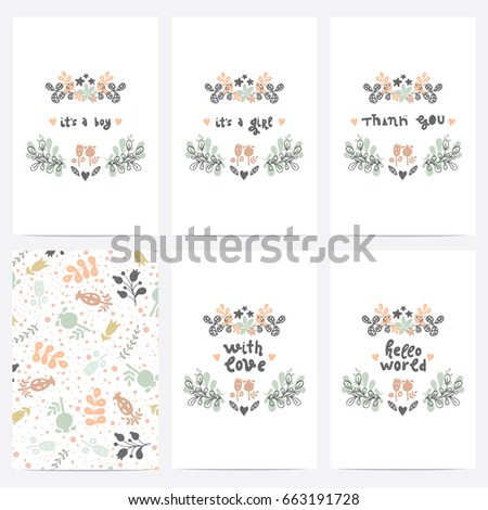 Set of perfect vector card templates. Ideal for baby shower, mothers day, valentines day, birthday cards, invitations, prints, scrapbook