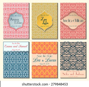 Set of perfect wedding card templates. Ideal for Save The Date, baby shower, mothers day, valentines day, birthday cards, invitations. Vector illustration vintage design.