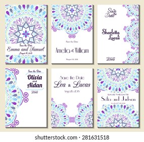 Set of perfect wedding card templates. Ideal for Save The Date, baby shower, mothers day, valentines day, birthday cards, invitations. Vector illustration vintage design.