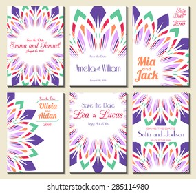 Set of perfect wedding card templates. Ideal for Save The Date, baby shower, mothers day, valentines day, birthday cards, invitations. Vector illustration vintage design.