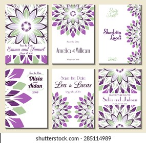 Set of perfect wedding card templates. Ideal for Save The Date, baby shower, mothers day, valentines day, birthday cards, invitations. Vector illustration vintage design.