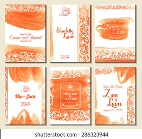 Set of perfect wedding card templates. Ideal for Save The Date, baby shower, mothers day, valentines day, birthday cards, invitations. Vector illustration watercolor design.