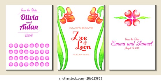 Set of perfect wedding card templates. Ideal for Save The Date, baby shower, mothers day, valentines day, birthday cards, invitations. Vector illustration watercolor design.