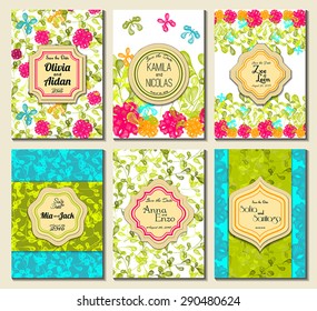 Set of perfect wedding card templates. Ideal for Save The Date, baby shower, mothers day, valentines day, birthday cards, invitations. Vector illustration vintage design.