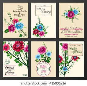 Set of perfect wedding card templates with  floral ornament. Ideal for Save The Date, baby shower, mothers day, valentines day, birthday cards, invitations. Vector illustration vintage design.