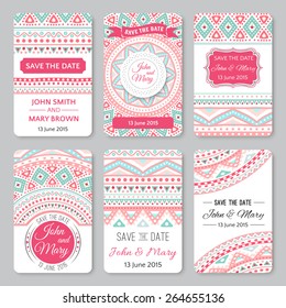 Set of perfect wedding templates with doodles tribal theme. Ideal for Save The Date, baby shower, mothers day, valentines day, birthday cards, invitations. Vector illustration for pretty design.