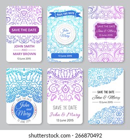 Set of perfect wedding templates with doodles tribal theme. Ideal for Save The Date, baby shower, mothers day, valentines day, birthday cards, invitations. Vector illustration for pretty design.