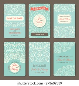 Set of perfect wedding templates with doodles tribal theme. Ideal for Save The Date, baby shower, mothers day, valentines day, birthday cards, invitations. Vector illustration for pretty design.