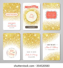 Set of perfect wedding templates with golden confetti theme. Ideal for Save The Date, baby shower, mothers day, valentines day, birthday cards, invitations. Vector illustration for gold design.