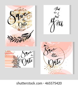 Set of perfect wedding templates in golden,pastel,black and white colors.Ideal for Save The Date, baby shower,mothers day,bridge,valentines day, birthday cards,invitations.Vector lettering.