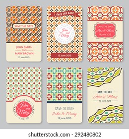 Set of perfect wedding templates with retro pattern theme. Ideal for Save The Date, baby shower, mothers day, birthday cards, invitations. Vector illustration for pretty design.