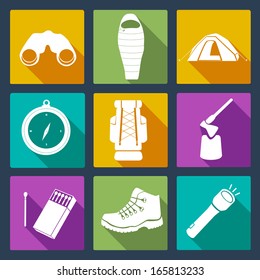 Set of perfectly drawn travel icons - including binocular, sleeping bag, tent, compass, backpack, axe, matches, travel boots and flashlight. 