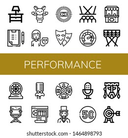 Set of performance icons such as Night stand, Scoring, Hand puppet, Actor, Target, Theater, Stage, Speedometer, Ticket office, Curtain, Darts, Director chair, Microphone , performance