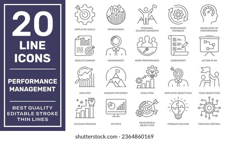 Set of Performance Management Related Vector Line Icons. Contains such Icons as Inspector, Personal Quality, Employee Management and more. Editable Stroke. EPS 10