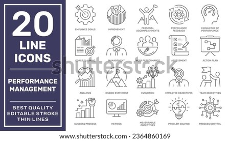 Set of Performance Management Related Vector Line Icons. Contains such Icons as Inspector, Personal Quality, Employee Management and more. Editable Stroke. EPS 10