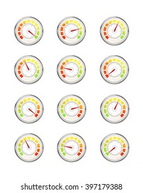 Set of performance measurement with different value, glossy metal speedometer icons isolated on white