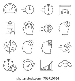 Set of performance Related Vector Line Icons. Contains such Icons as productivity, efficiency, idea, brainstorming, execution, speed, intelligence and more.