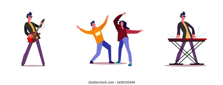 Set of performers playing on music instruments. Flat vector illustrations of people dancing on concert. Music performance, dancing, entertainment concept for banner, website design or landing web page