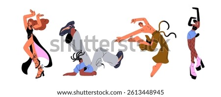 Set of performing dancers. People dance at the party. Performers are breakdancing, move by hip hop music. Men and women have fun at the disco. Flat isolated vector illustrations on white background