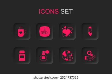 Set Perfume, 8 March, Coffee cup and heart, International Women Day, Flower tulip, Female gender symbol, Heart and  icon. Vector