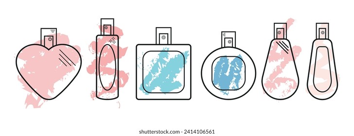 Set of perfume abstract icons. Bottle, flacon, spray illustration. Beauty care concept. Color vector illustration of perfume bottle. 