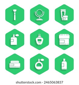 Set Perfume, Bottle of shampoo, Cream or lotion cosmetic tube,  and Makeup brush icon. Vector
