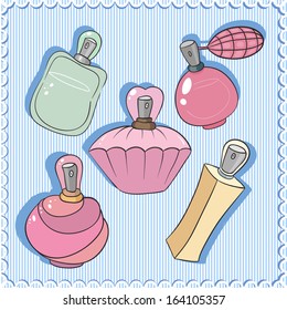 Set of a perfume bottle. Vector. Pink and blue. 