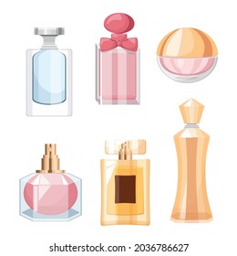 Set of Perfume Bottles, Beauty Product in Glass Vials and Flasks with Pump Sprayers, Aroma Cosmetics for Men or Women, Design Elements Isolated on White Background. Cartoon Vector Illustration, Icons