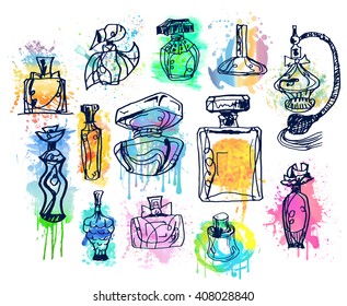 Set of perfume bottles. Collection of  aromas. Hand drawn vector illustration