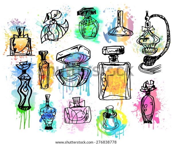 Set Perfume Bottles Collection Aromas Hand Stock Vector (Royalty Free ...