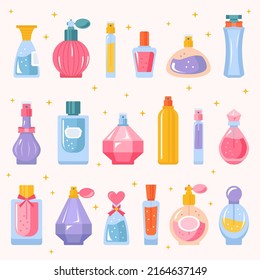 Conjunto de botellas de perfume, viales de vidrio coloridos y frascos con pulverizador y bomba. Aroma huele cosméticos para hombres o mujeres, fragancias de lujo aisladas en fondo blanco. Dibujo vectorial plano de dibujos animados